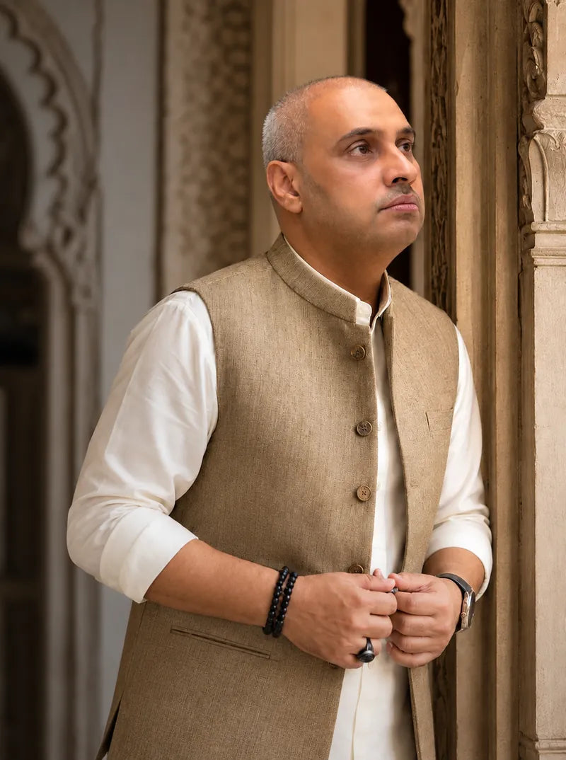 Atif in a camel textured waistcoat