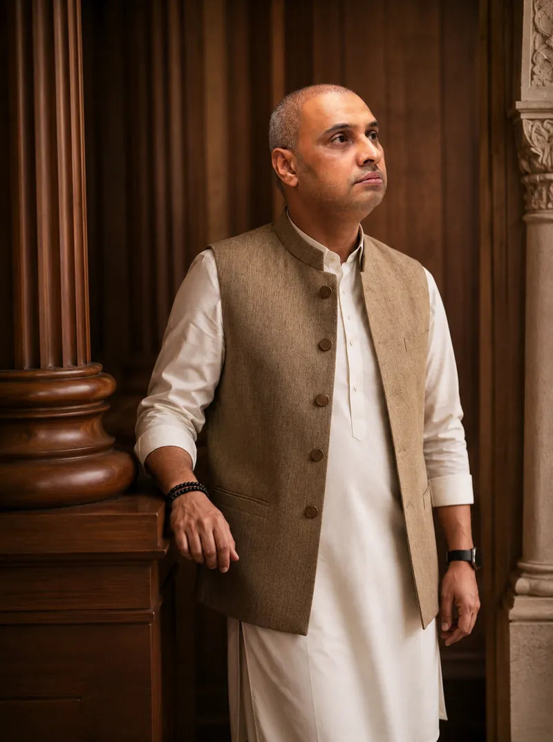 Atif, founder of Atif's, in a camel waistcoat against walnut panelling