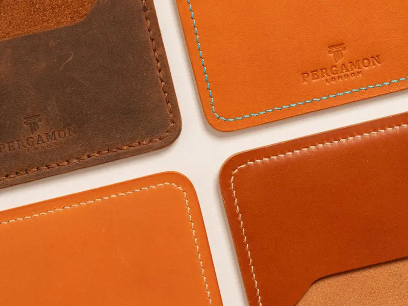 Full-grain leather wallets, arranged