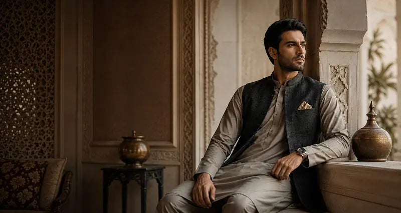 Gentleman in an ivory shalwar kameez and dark waistcoat, seated in a Lahore haveli