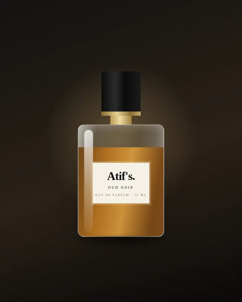 Atif's Oud Noir Eau de Parfum on a dark background